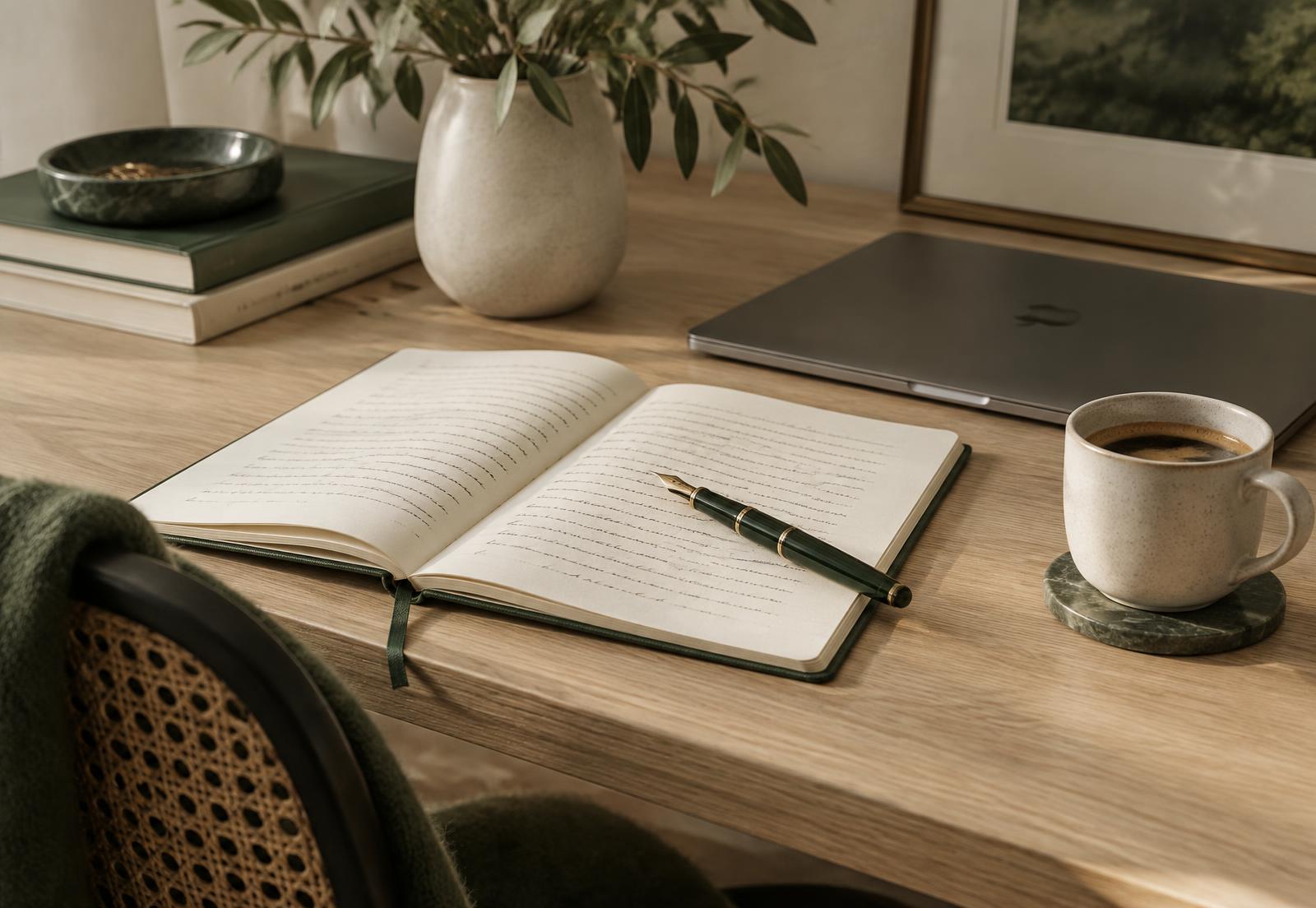 An open notebook and a closed laptop on a calm desk